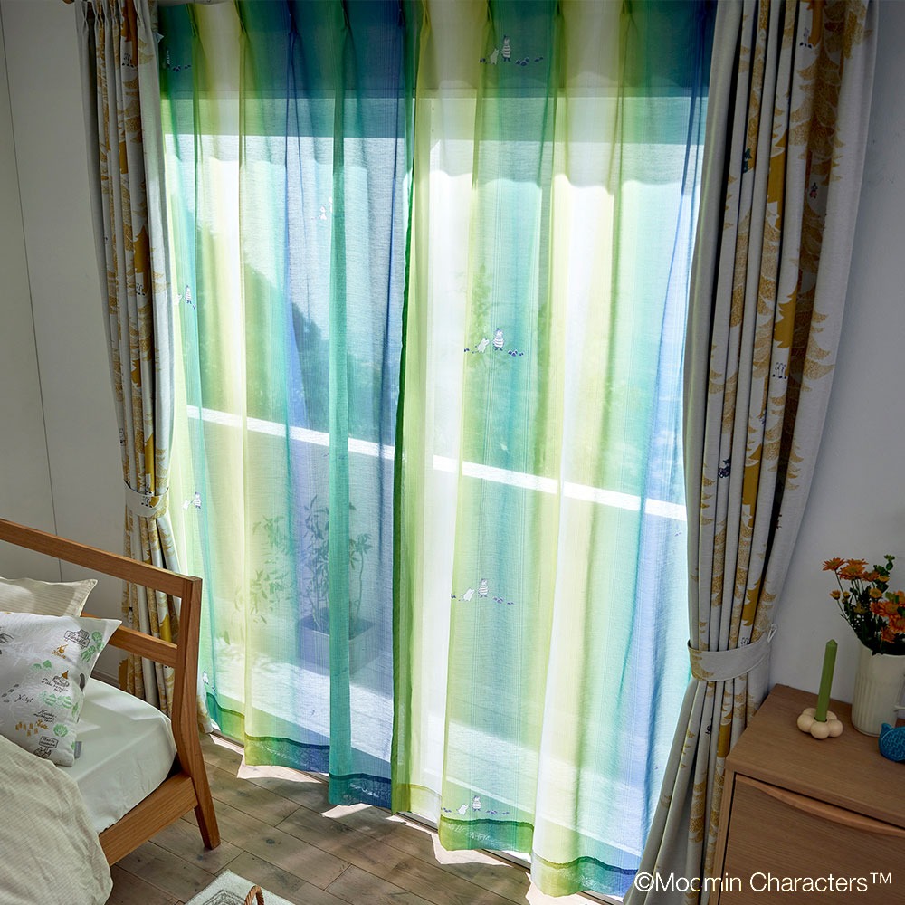 ムーミン シアー カーテン オーロラボイル ブルーグリーン