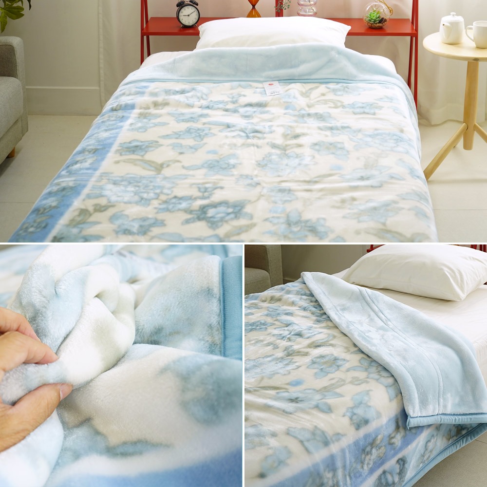 西川 マイヤー 合わせ毛布 花柄 ブルー